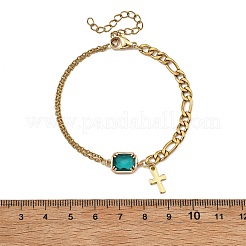 クロス 304 ステンレススチール チャーム ブレスレット  フィガロ＆アズキチェーンブレスレット（女性用）  ガラスと  ミックスカラー  6.69インチ（17cm）&nbsp;BJEW-JB13967