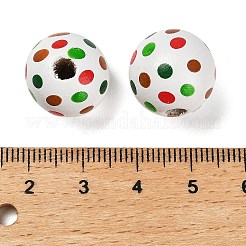 クリスマスプリントのシマウッドヨーロピアンビーズ  ホワイト  ラウンド  16x15mm  穴：4mm&nbsp;WOOD-G024-02A