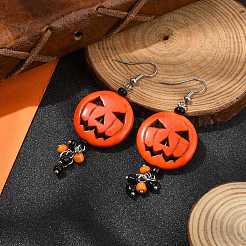 ハロウィン かぼちゃ 合金 樹脂 ペンダント ダングル イヤリング  ガラスシードビーズで  プラチナ  5.2x2.5cm&nbsp;EJEW-JE06103