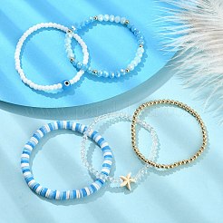 5個5スタイルポリマークレイヘイシサーファーストレッチブレスレットセット  ガラス & 合成ターコイズ ヒトデ & ナザールボンジュウのランプワーク & 真鍮ビーズの積み重ね可能なブレスレット  ミックスカラー  内径：2-1/4~2-3/8インチ（5.6~6cm）  1個/スタイル&nbsp;BJEW-TA00353