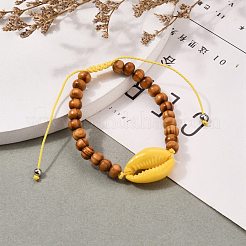 子供用ブレスレット  調節可能なワックスポリエステルコード編組ビーズブレスレット  天然木ビーズ付き  スプレーペイントカウリーシェルビーズと真鍮ビーズ  きいろ  内径：1-7/8~3-1/2インチ（4.8~9cm）&nbsp;BJEW-JB05747-03