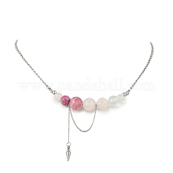 Natural  Rose Quartz & Dyed Imperial Jasper & Quartz Crystal & Green Jade Round Graduated Beaded Pendant 304 Stainless Steel Cable Chain Necklaces for Women&nbsp;NJEW-TA00242-04