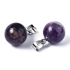 天然石アメジストペンダント  プラチナアイアンピンチベイル付き  ラウンド  18x14mm  穴：7x4mm&nbsp;G-S359-312