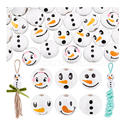 Round Christmas Snowman Print Wood European Beads&nbsp;WOOD-PH0003-25