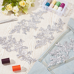 スパンコール刺繍レースアップリケ付きポリエステル4組  チャイナドレスの飾りアクセサリー  ドレス  花  銀  240x100x1mm&nbsp;DIY-GF0013-81C