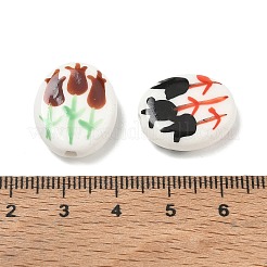 印刷された手作りの磁器のビーズ  チューリップと楕円形  ミックスカラー  18.5~19.5x15~16.5x5.5~6mm  穴：2mm&nbsp;PR-CBAE468-04