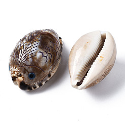 プリントされた天然のカウリーシェルビーズ  穴がない  魚  淡い茶色  51~58x33~37x28~32mm&nbsp;SSHEL-Q314-001