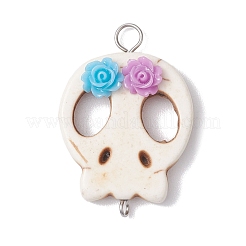 ハロウィーンの頭蓋骨の合成ターコイズコネクタチャーム、花の樹脂付き  ミックスカラー  36x25x7mm  穴：2~5mm&nbsp;PALLOY-JF02780