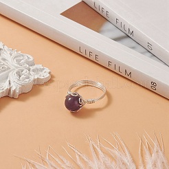 Natural Amethyst Braided Bead Finger Ring&nbsp;RJEW-TA00066-03