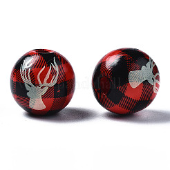 塗られた天然木のヨーロッパのビーズ  大穴ビーズ  印刷  クリスマス  トナカイとラウンド  レッド  16x15mm  穴：4mm&nbsp;LS-WOOD-S057-036A