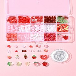 ABSプラスチック製のアクリルビーズ、合金製のエナメルペンダント、強力な伸縮性のあるビーズの弾性糸セット付き模造真珠ビーズ  ファイヤーブリック  8~19x.5x4~23x4~6mm  穴：1.2~2.3mm&nbsp;DIY-FS0007-55