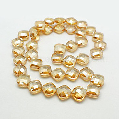 電気メッキガラスビーズ  半分メッキ  多面カット  正方形  ゴールデンロッド  15x15x8mm  穴：1mm&nbsp;EGLA-D029-1