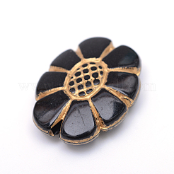 花メッキアクリルビーズ  ゴールドライン入り  ブラック  24.5x19x7mm  穴：2mm&nbsp;X-PACR-Q102-09B