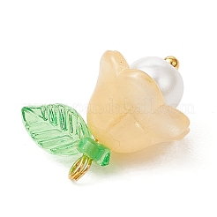 ガラスチャーム  花  アクリルとプラスチックの模造真珠ビーズと金色の真鍮ループ付き  ナバホホワイト  15.5x15x11mm  穴：1.2mm&nbsp;PALLOY-MZ00837-03