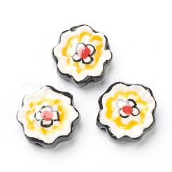 手作り磁器の花のビーズ連売り  手描きの陶器ビーズ  ブラック  16x16x6mm  穴：2mm  約20個/連  12.99インチ（33cm）&nbsp;PORC-G006-14B