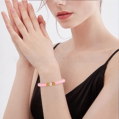 10個10スタイル手作りポリマークレイヘイシビーズストレッチブレスレットハート付き  女性のためのアクリル分厚いカーブチューブブレスレット  ピンク  内径：2-1/8インチ（5.5cm）&nbsp;BJEW-SW00036-02