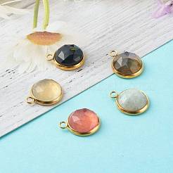 手作りの天然宝石用原石ペンダント  金色の304ステンレススチールセッティング  多面カット  半円  14.5x11.8x5mm  穴：1.8mm&nbsp;PALLOY-JF00791