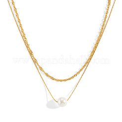 304 Stainless Steel Double Layer Necklaces with White Round Faux Pearl Pendants for Women&nbsp;KQ2558