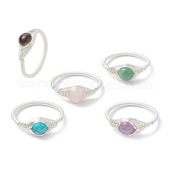 Horse Eye Natural Green Aventurine & Tiger Eye & Amethyst & Rose Quartz & Synthetic Turquoise Finger Rings&nbsp;RJEW-JR00842-02