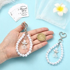 合金と模造真珠のアクリルペンダント装飾  天使  合金製回転留め具、紙製ギフトタグ、オーガンジー製ギフトバッグ付き  プラチナ  140mm&nbsp;HJEW-CJ00089