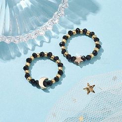 Glass Stretch Rings with Golden Plated Star & Moon Brass Beads&nbsp;RJEW-JR00660-03