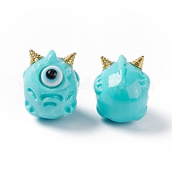ハロウィーン不透明樹脂ビーズ  ゴールドトーンの合金ホーン付き  単眼モンスター  シアン  13x10.5x12mm  穴：1.8mm&nbsp;RESI-F033-01C