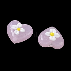 手作りのランプワークエナメルビーズ  手描きのビーズ  花とハート  ピンク  15x16.5x8~9mm  穴：1.4mm&nbsp;LAMP-Z020-03B
