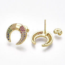 真鍮製キュービックジルコニアスタンドピアス  耳ナッツ  ダブルホーン/三日月  ゴールドカラー  13.5x14.5mm  ピン：0.7mm&nbsp;EJEW-S201-115