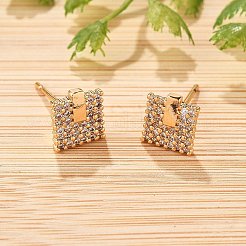 Square Brass Micro Pave Clear Cubic Zirconia Stud Earrings for Women&nbsp;EJEW-G428-12G-02