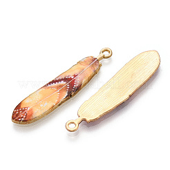 ラックメッキ合金ペンダント  印刷  鉛フリー＆カドミウムフリー＆ニッケルフリー  フェザーチャーム  ライトゴールド  ミックスカラー  38x9x1.5mm  穴：1.8mm&nbsp;FIND-H043-02LG-M