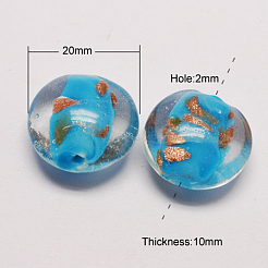 手作りゴールドパウダー入りランプワークビーズ  フラットラウンド  ミックスカラー  20x10mm  穴：2mm&nbsp;X-LAMP-S025-20mm-M