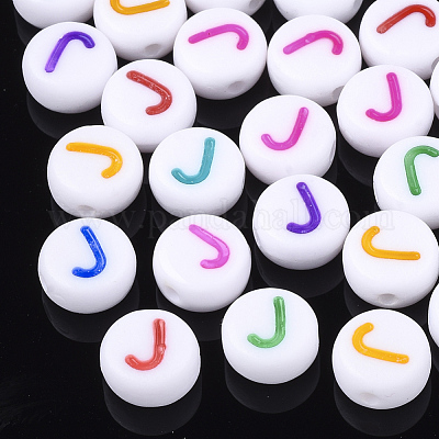 初期のアクリルビーズ  水平穴  フラットラウンド  ミックスカラー  文字.j  7x3.5~4mm  穴：1.2mm  約3700個/500g&nbsp;OACR-E001-20J-1