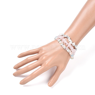 Chips Natural Rose Quartz & Morganite & Howlite Beaded Stretch Bracelets Sets&nbsp;BJEW-JB05332-04-1