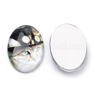 フラットバックガラス子猫カボション  DIYのプロジェクトのための  猫の模様  オーバル  ミックスカラー  25x18x5.5mm&nbsp;X-GGLA-S034-25x18-024-1