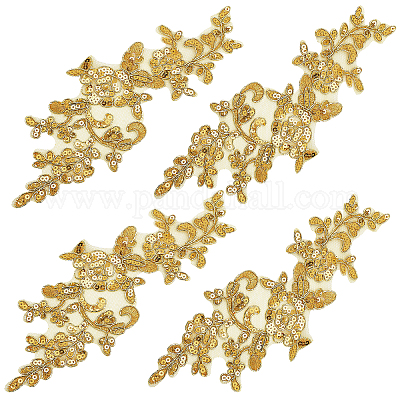 4Pcs Embroidery Lace Appliques Flower Embroidered Patch Gold Metallic Edge Floral Lace Fabric Sew On Appliques For DIY Sewing Crafts Wedding Dress