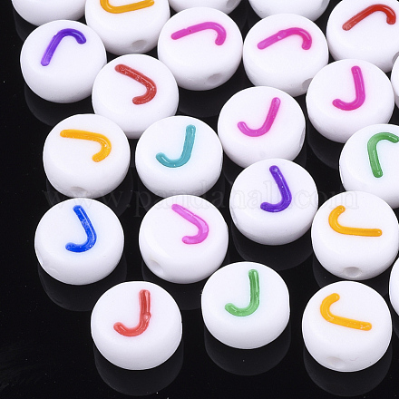 初期のアクリルビーズ  水平穴  フラットラウンド  ミックスカラー  文字.j  7x3.5~4mm  穴：1.2mm  約3700個/500g&nbsp;OACR-E001-20J-1