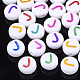 初期のアクリルビーズ  水平穴  フラットラウンド  ミックスカラー  文字.j  7x3.5~4mm  穴：1.2mm  約3700個/500g&nbsp;OACR-E001-20J-1