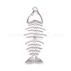 Brass Big Pendants, Cadmium Free & Lead Free, Fishbone, Platinum, 84x32.5x6.5mm, Hole: 4mm
