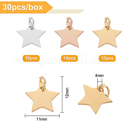 30個3色304ステンレススチールチャーム  スター  ミックスカラー  11x12x1.1mm  穴：4mm  10個/カラー&nbsp;STAS-BC0002-86