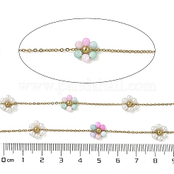 304ステンレススチールアズキチェーン  花  貝パールとABSイミテーションパール付き  イオンプレーティング（ip）  18KGP本金メッキ  ハンダ付け  スプールで  カラフル  8.5x9.5x3.5mm  約32.81フィート（10m）/ロール&nbsp;CHS-K018-24G-04