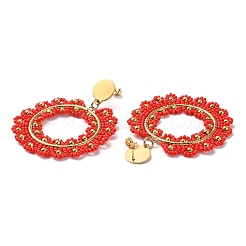 Woven Glass & Brass Beaded Donut Dangle Stud Earrings&nbsp;EJEW-A105-05G-02