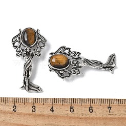 天使の真鍮天然タイガーアイペンダント  丸カン付き  アンティークシルバー  38x19.5x7.5~9.5mm  穴：2x6.5mm&nbsp;KK-D361-02AS-14