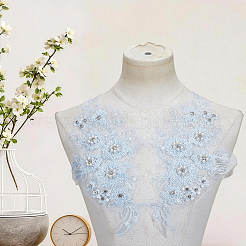 花型ポリエステル＆スパンコール刺繍布アイロンパッチ1組  マスクと衣装のアクセサリー  パイルレットアップリケ  ABSの模造パールと  空色  340x160x1~7mm&nbsp;DIY-CY0003-82A