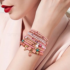 自由奔放に生きるシードビーズストレッチブレスレットセット11個。  多層積み重ね可能なブレスレット  女性のためのカラフルなビーズのヒトデの魅力のブレスレット  ピンク  1-3/4~2-1/8インチ（4.5~5.5cm）&nbsp;JB736A