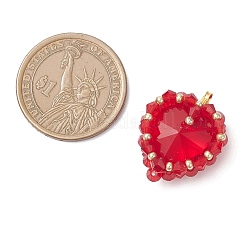 真鍮製ガラスチャーム  ハート  ガラスシードビーズ付き  多面カット  レッド  26x20.5x9.5mm  穴：3.5x2.5mm&nbsp;PALLOY-MZ00981-04
