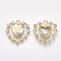 合金ペンダント  プラスチック模造パールと  ガラス、ラインストーン  ハート  ライトゴールド  クリアAB  26x26.5x6mm  穴：2mm&nbsp;X-PALLOY-S177-28E