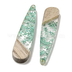 ウッドペンダント  樹脂と金箔  ティアドロップ  ダークシーグリーン  53.5x11x4mm  穴：1.5mm&nbsp;FIND-B042-05C