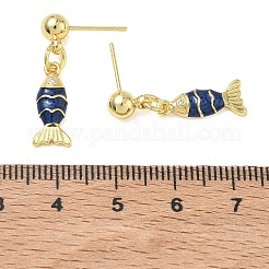 魚モチーフの真鍮製マイクロパヴェキュービックジルコニア付きドロップスタッドピアス（女性用）  エナメル  ラックめっき  長持ちメッキ  鉛フリー＆カドミウムフリー  18KGP本金メッキ  25.5x7mm&nbsp;EJEW-A167-06G