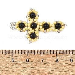 天然ブラックオニキス（染色・加熱処理済み）とガラスシードビーズのペンダント  合金製の宗教的な十字架のチャーム  プラチナ  ベージュ  38~39x26x8mm  穴：3mm&nbsp;PALLOY-MZ01404-02