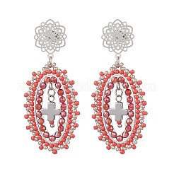 3 Pairs Cross Oval Glass Seed Bead Woven Stud Earrings&nbsp;EJEW-MZ00595
